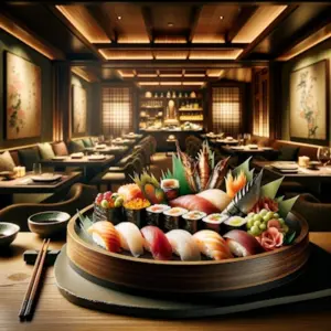 An elegant sushi platter artfully arranged on a traditional Japanese serving dish set against the back for a sushi near me search